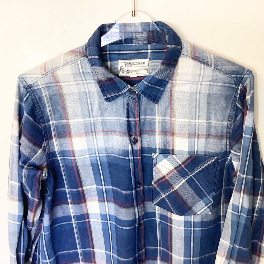 Current Elliott The Boyfriend Long Sleeve Plaid Button Up Shirt - Blue - M - Picture 2 of 5